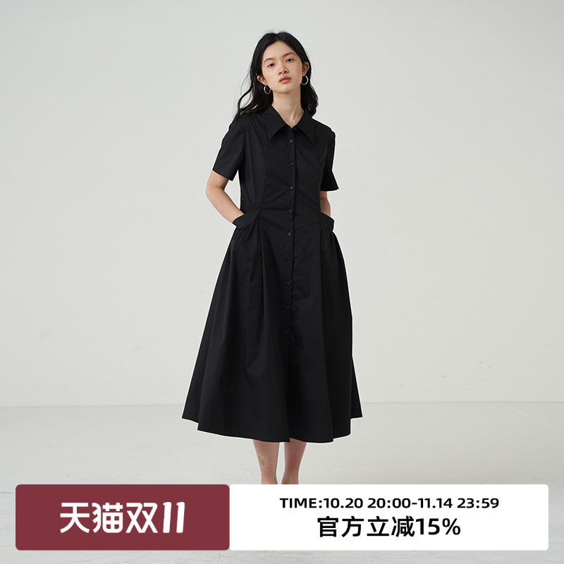 omont蛋挞家 大口袋短袖衬衫连衣裙女夏季新款设计感显瘦裙子