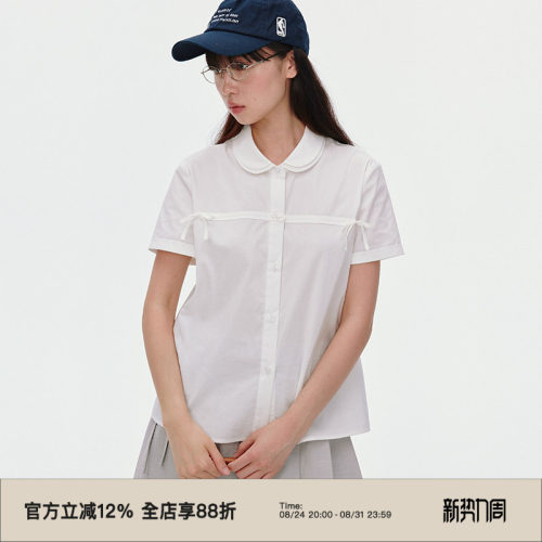 双层娃娃领/绑带蝴蝶结短袖衬衫