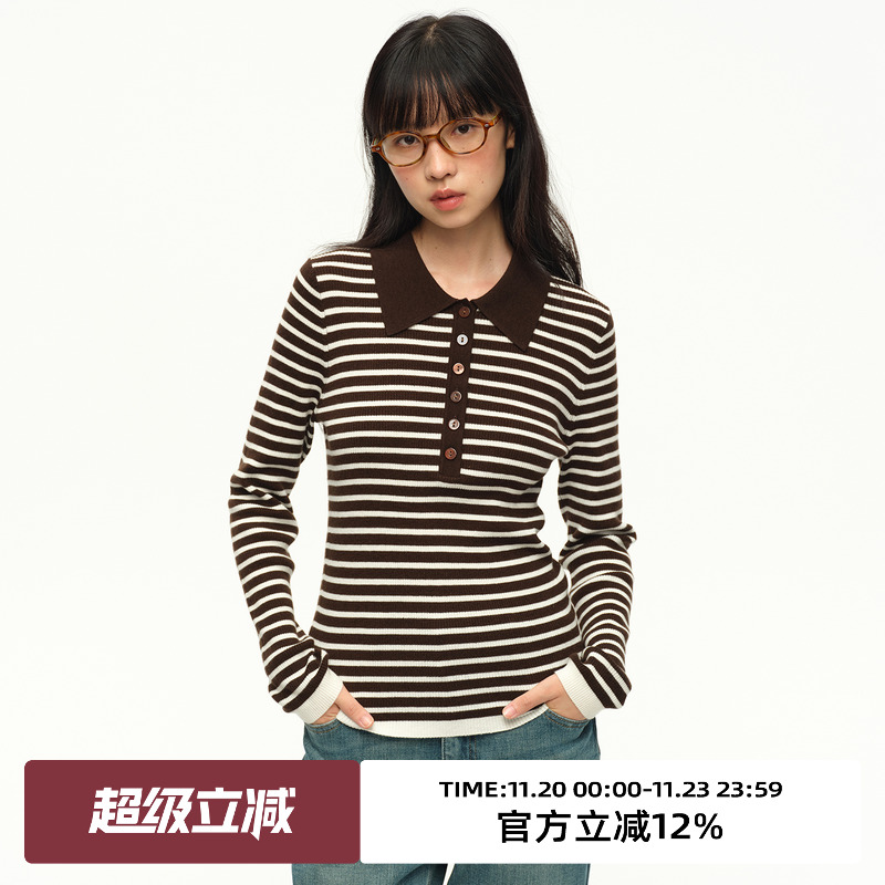 复古Polo领修身显瘦条纹毛衣