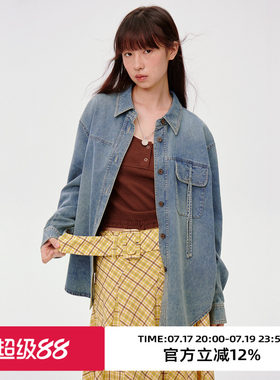水洗牛仔蓝/口袋抽绳/牛仔衬衫
