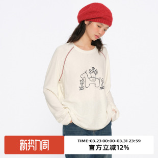 omont蛋挞复古手绘小马印花长袖 宽松休闲慵懒磨毛上衣 T恤2026春季