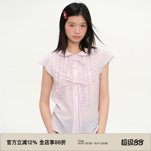 复古小飞袖绑带木耳边短袖衬衫