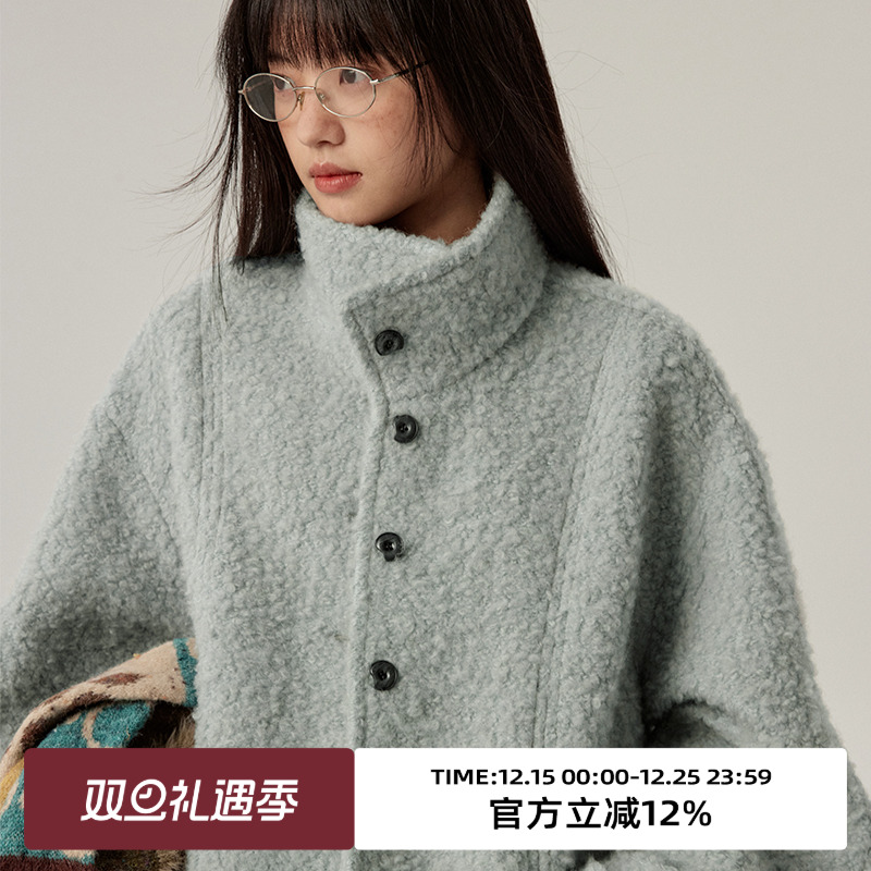 omont蛋挞家圈圈纱中长毛呢外套