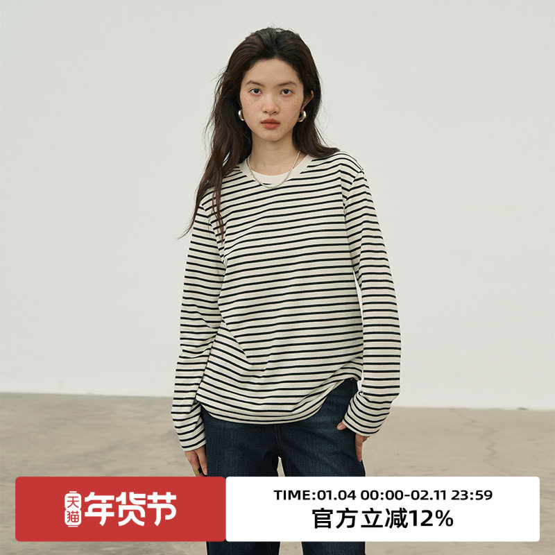 omont蛋挞家 圆领撞色条纹t恤秋季新宽松休闲叠穿长袖上衣女,女装/女士精品,T恤,淘宝优惠券,粉丝福利购,淘宝优惠卷