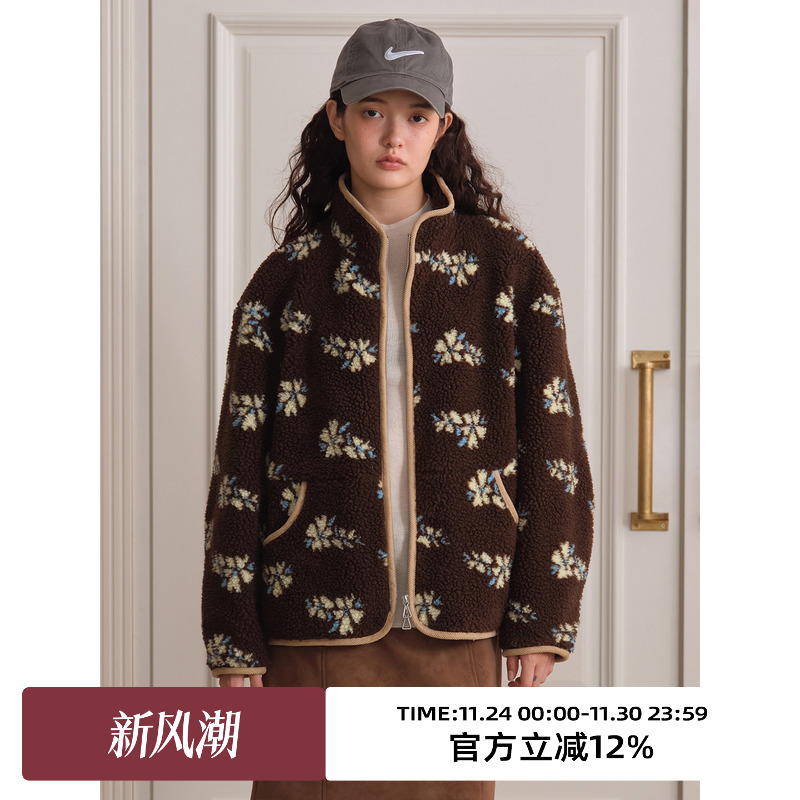 复古花色宽松休闲羊羔毛外套