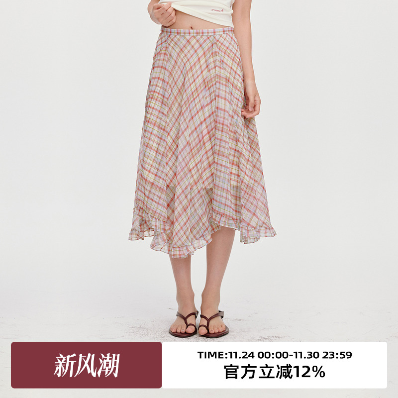 低腰/不对称下摆/荷叶边半身裙