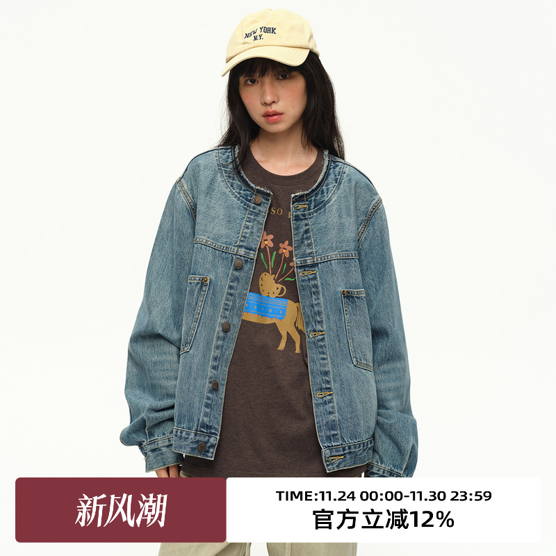 小香圆领宽松牛仔外套