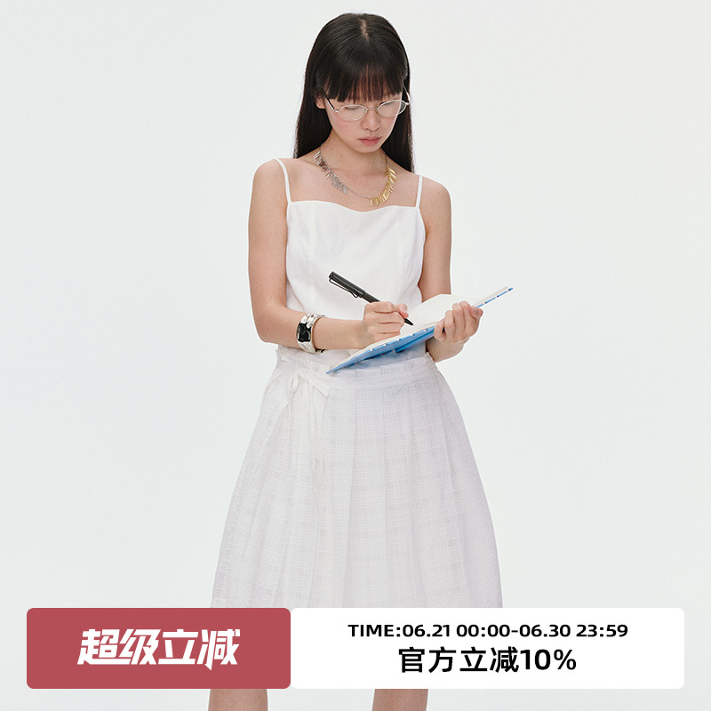 omont蛋挞家复古假两件式吊带连衣裙2025夏韩系气质无袖百褶短裙