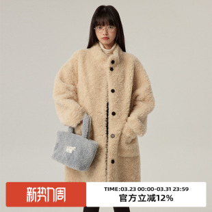 omont蛋挞100%绵羊毛圈圈毛立领皮毛一体毛毛外套中长羊羔毛皮草
