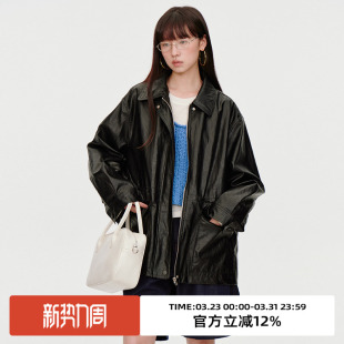 omont蛋挞家 宽松休闲中长上衣 复古黑色PU皮翻领皮衣外套春秋季