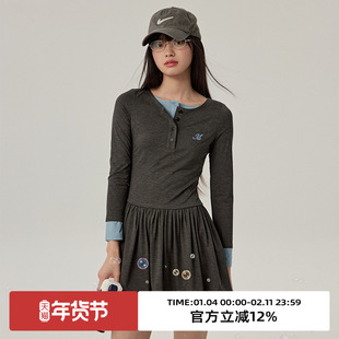 omont蛋挞家 复古假两件针织长袖连衣裙春秋季灰色收腰显瘦短裙