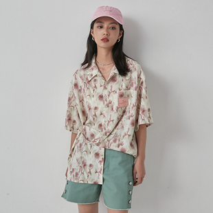 花衬衫 外套女夏设计感情侣衬衣 海盐咖啡复古港风短袖 omont蛋挞家