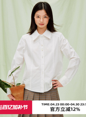 omont蛋挞家复古不规则扣长袖白衬衫2026春收腰显瘦短款叠穿衬衣