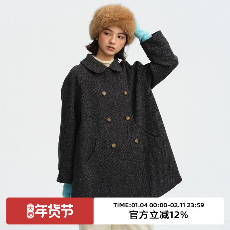 omont蛋挞家绵羊毛混纺复古娃娃领双排扣毛呢外套2025冬中长大衣,女装/女士精品,毛呢外套,淘宝优惠券,粉丝福利购,淘宝优惠卷