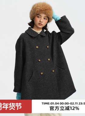 omont蛋挞家绵羊毛混纺复古娃娃领双排扣毛呢外套2025冬中长大衣