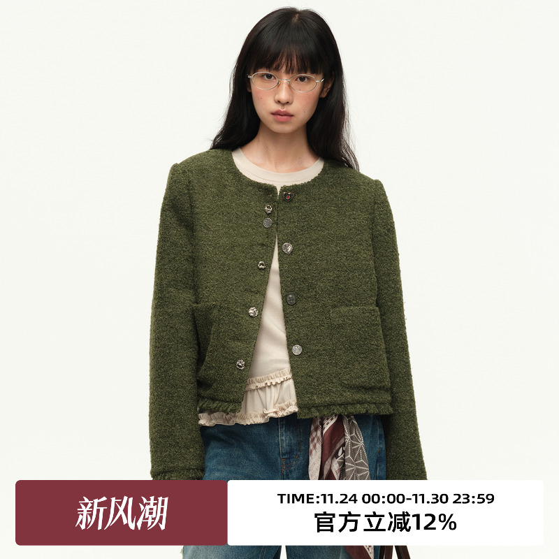 小香风圆领宽松毛呢短外套