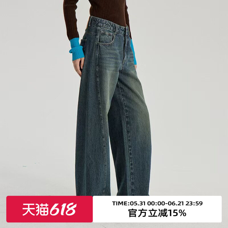 omont蛋挞家 复古水洗做旧牛仔裤春秋季高腰直筒显瘦宽松阔腿裤子