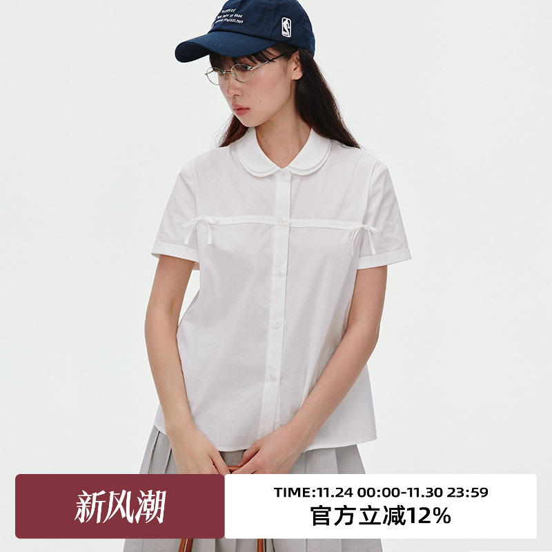 双层娃娃领/绑带蝴蝶结短袖衬衫