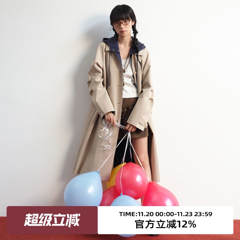 可拆卸连帽/撞色中长风衣外套