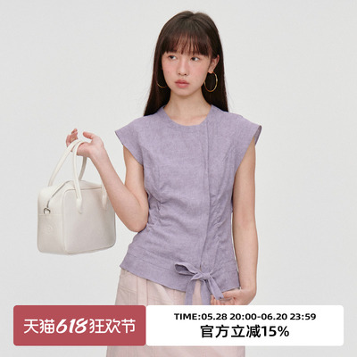 小飞袖/修身抽皱绑带/短袖衬衫