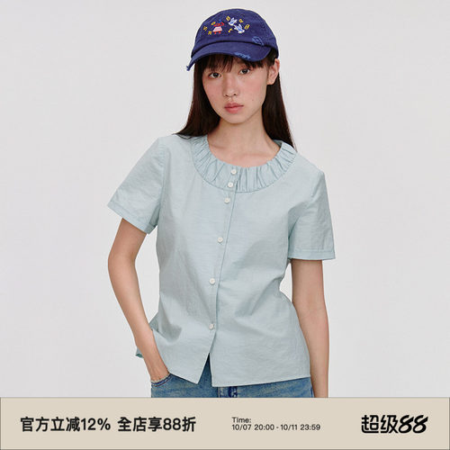 抽皱领/小正肩撞色纽扣短袖衬衫