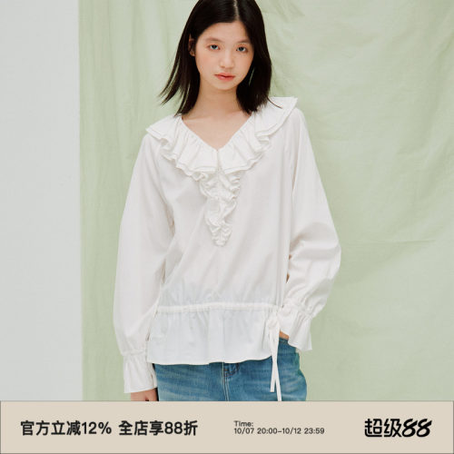 复古V领荷叶边长袖衬衫