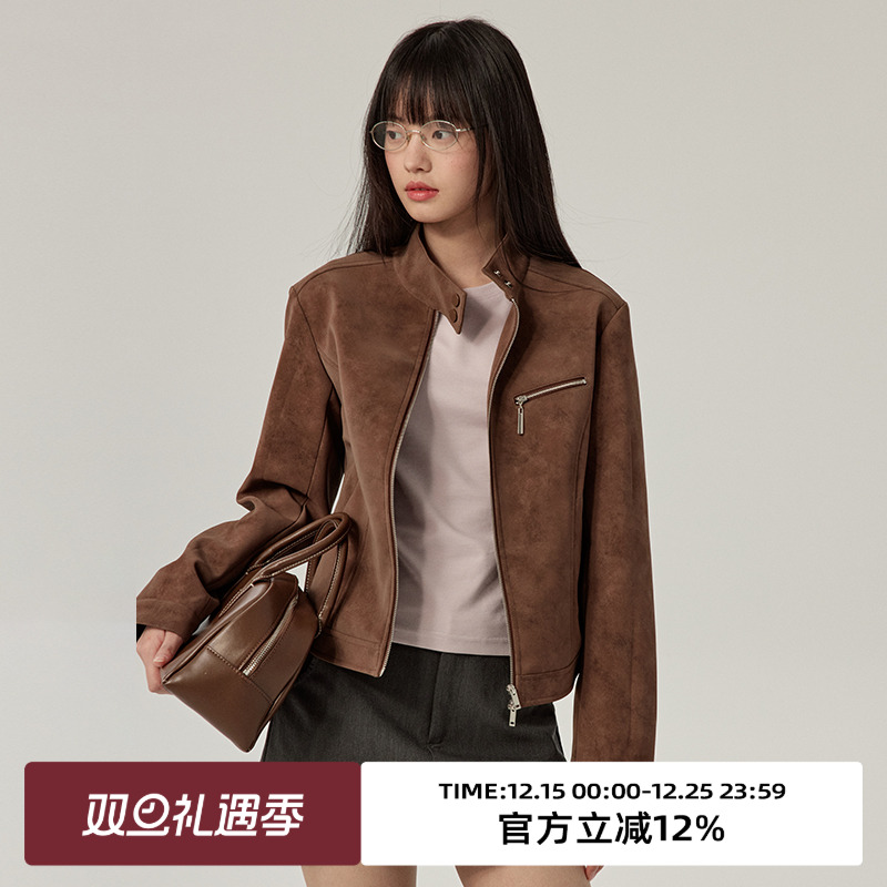 立领/弧形下摆/H型皮衣外套