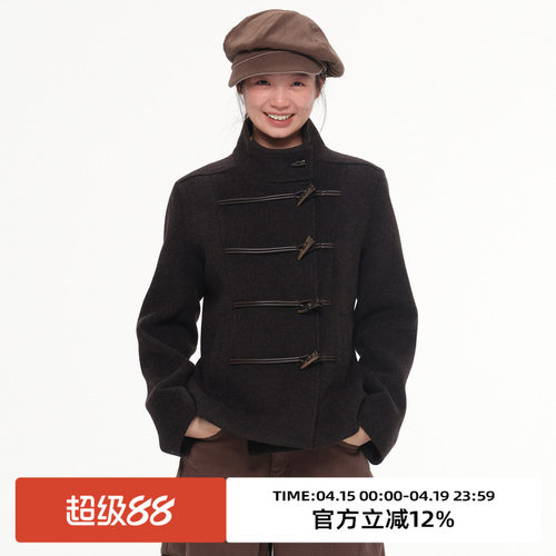 复古牛角扣收腰短款毛呢外套