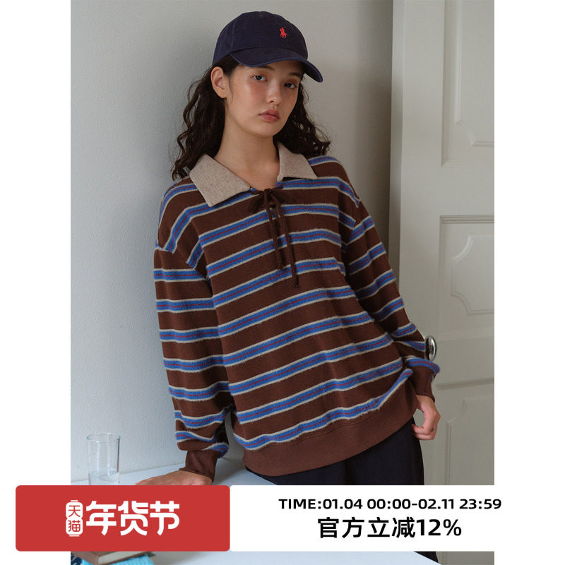 omont蛋挞家复古学院感条纹翻领卫衣2025秋冬季宽松慵懒长袖上衣,女装/女士精品,卫衣/绒衫,淘宝优惠券,粉丝福利购,淘宝优惠卷