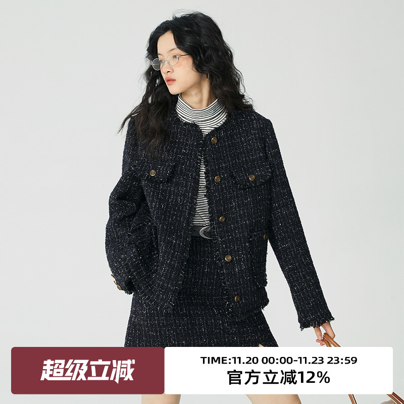 omont格子毛边小香风外套