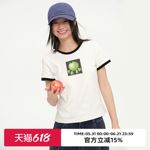 omont蛋挞家复古青苹果印花撞色圆领短袖T恤2026夏季修身显瘦上衣