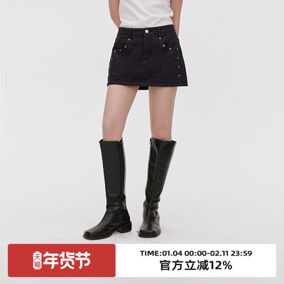 牛仔水洗/铆钉装饰黑色超短裙