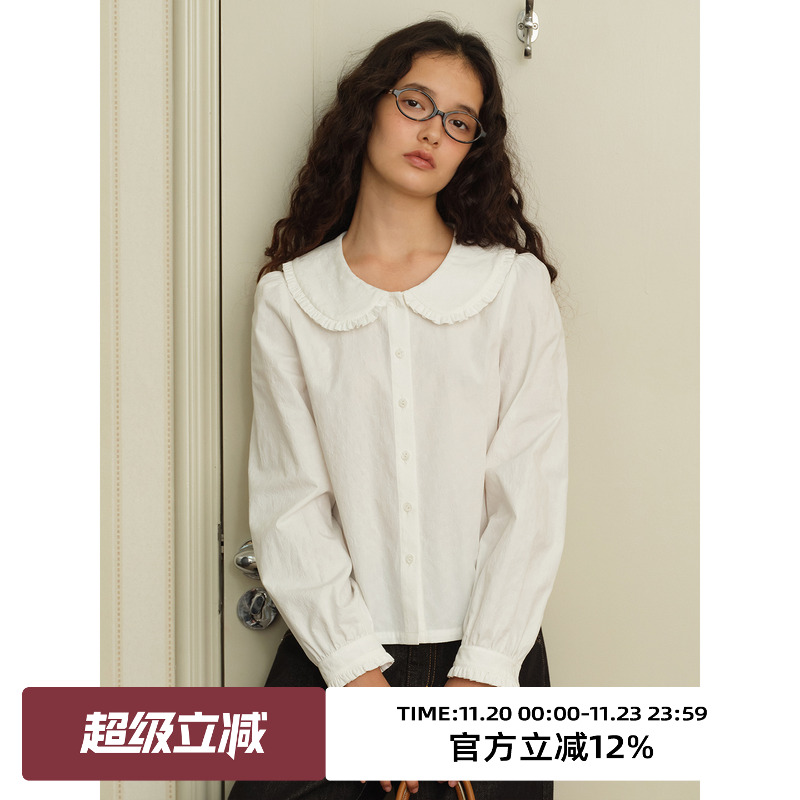 复古娃娃领提花面料修身长袖衬衫
