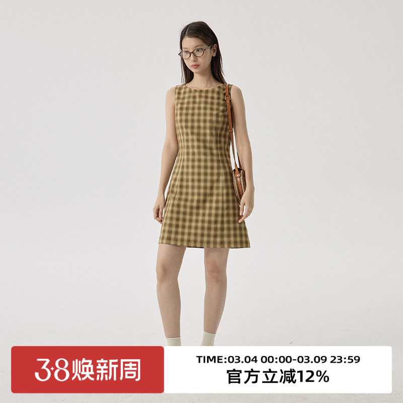 omont蛋挞家 复古格纹无袖连衣裙新收腰显瘦a字背心裙短裙子