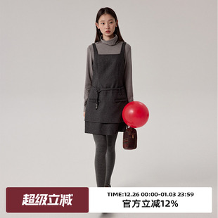 中长裙子 叠穿无袖 omont蛋挞家 气质减龄假两件毛呢连衣裙冬季