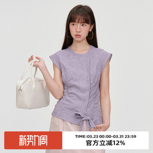 omont蛋挞家复古亚麻混纺小飞袖短袖衬衫2025夏气质修身显瘦上衣