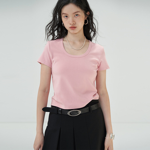小众正肩修身 omont蛋挞家 新款 刺绣U领短袖 显瘦上衣女 T恤夏季