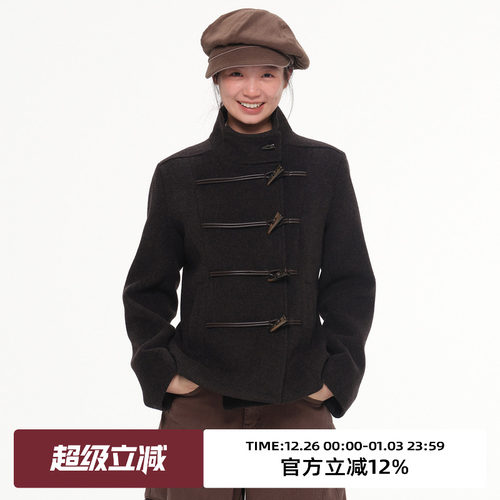 复古牛角扣收腰短款毛呢外套