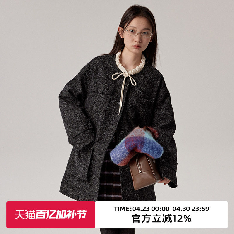 omont蛋挞家 复古黑色人字纹夹棉厚毛呢外套冬设计感呢子大衣