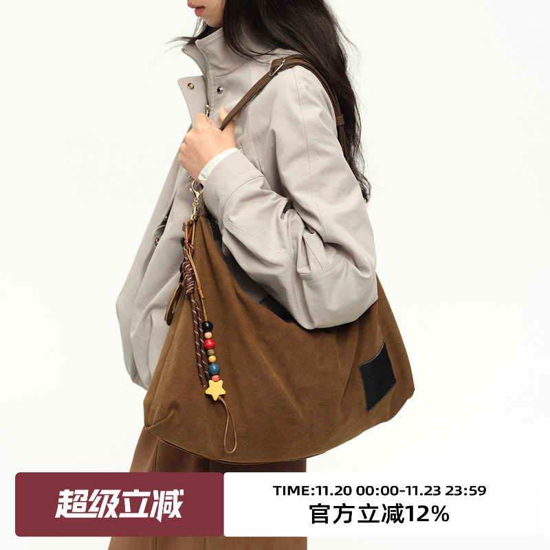 复古深咖棕麂皮绒腋下包单肩包