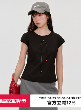 omont蛋挞家复古小飞袖镂空短袖T恤夏设计感修身显瘦圆领上衣