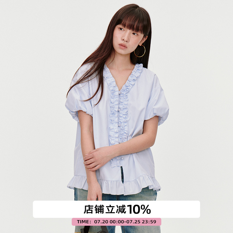 omont蛋挞家复古V领木耳边设计短袖衬衫2025春夏气质宽松小衫上衣