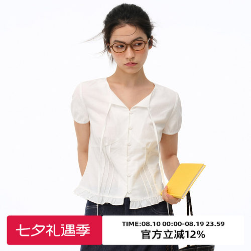 复古V领泡泡袖短袖衬衫