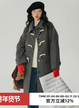 omont蛋挞家 牛角扣羊毛大衣女冬季新款宽松中长款毛呢外套