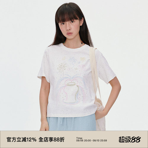 彩色喷泉绣花/彩点棉双纱短袖T恤
