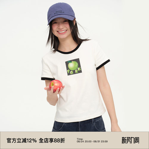 复古青苹果印花撞色圆领短袖T恤