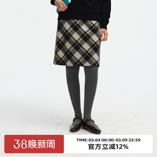 omont蛋挞家复古黑白格纹毛呢半身裙2025冬季高腰直筒显瘦中裙子