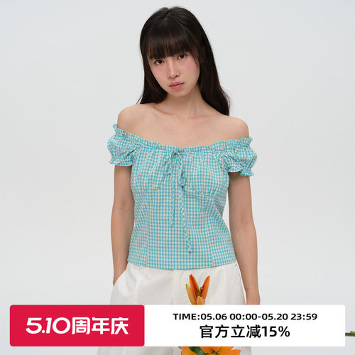 复古格纹泡泡袖短袖衬衫