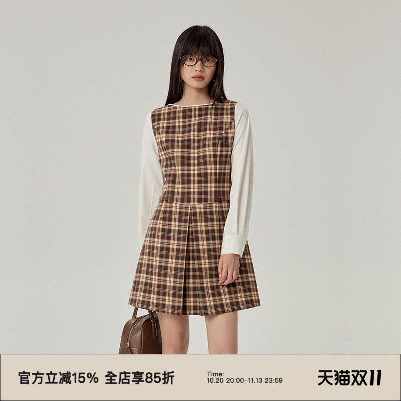 omont蛋挞家 假两件复古格纹连衣裙春秋季修身收腰显瘦短裙子