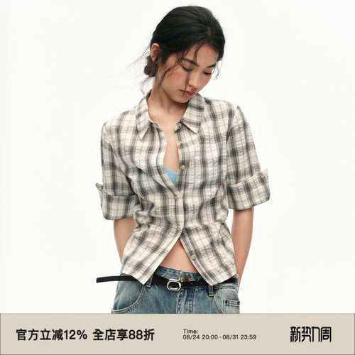 复古格纹修身收腰显瘦短袖衬衫